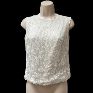 1970s Lace and Linen Sleeveless Back Button Camisole Vintage Top Blouse Shirt